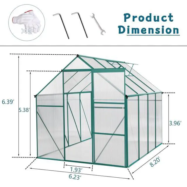 Alt view image 6 of 7 - Outdoor Patio Greenhouse with Sliding Door and Drainage Gutter System for Lawn, Backyard, Garden, Green House with Aluminum Frame and an Adjustable Roof for Growing Flowers, Plants (Green 6*8FT)