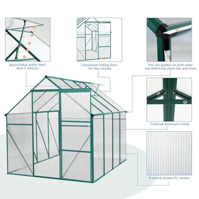 Alt view image 7 of 7 - Outdoor Patio Greenhouse with Sliding Door and Drainage Gutter System for Lawn, Backyard, Garden, Green House with Aluminum Frame and an Adjustable Roof for Growing Flowers, Plants (Green 6*8FT)