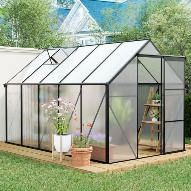 Main image of Outdoor Patio Greenhouse with Sliding Door and Drainage Gutter System for Lawn, Backyard, Garden, Green House with Aluminum Frame and an Adjustable Roof for Growing Flowers, Plants (Black 6*10FT)