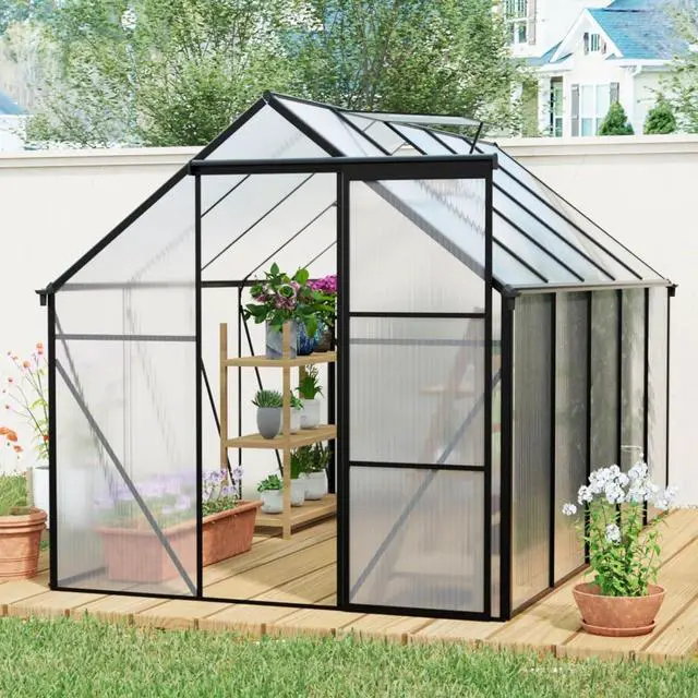 Alt view image 2 of 7 - Outdoor Patio Greenhouse with Sliding Door and Drainage Gutter System for Lawn, Backyard, Garden, Green House with Aluminum Frame and an Adjustable Roof for Growing Flowers, Plants (Black 6*10FT)