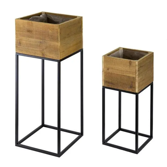Alt view image 2 of 7 - Planter Set with Wooden Legs and Rope Texture for Backyard, Living Room, Lawn, Outdoor Flower Pot Set with Classic Design for Growing Flowers, Herbs, Plants (Black + Metal & Wood)