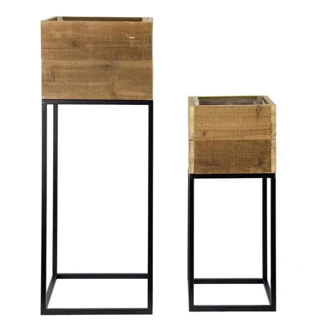 Alt view image 4 of 7 - Planter Set with Wooden Legs and Rope Texture for Backyard, Living Room, Lawn, Outdoor Flower Pot Set with Classic Design for Growing Flowers, Herbs, Plants (Black + Metal & Wood)