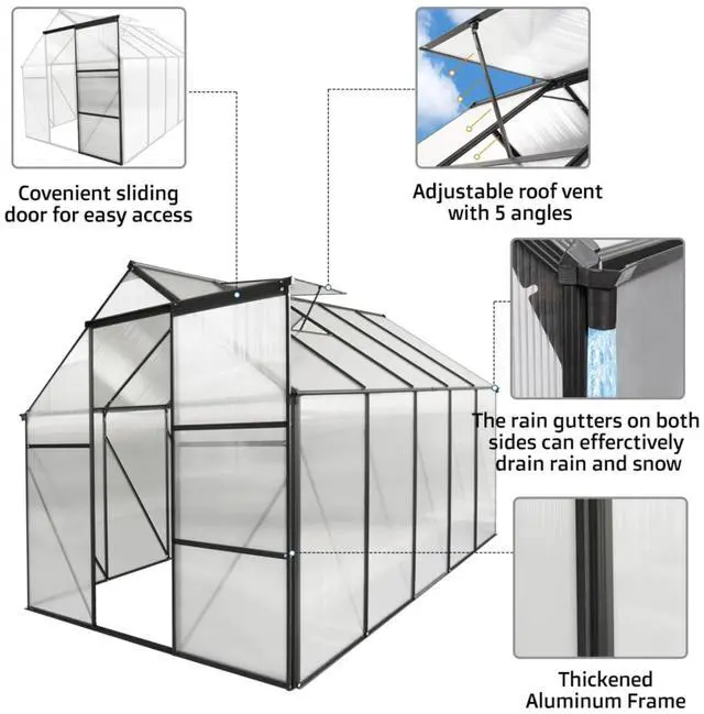 Alt view image 4 of 7 - Outdoor Patio Greenhouse with Sliding Door and Drainage Gutter System for Lawn, Backyard, Garden, Green House with Aluminum Frame and an Adjustable Roof for Growing Flowers, Plants (Black 6*10FT)