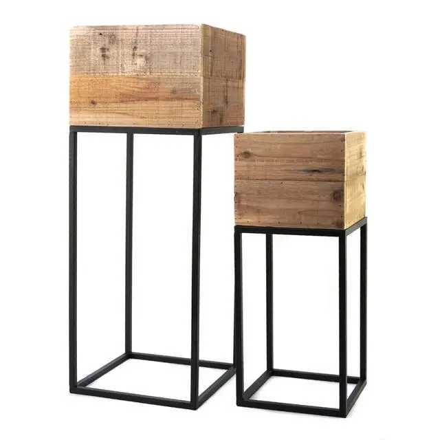 Alt view image 3 of 7 - Planter Set with Wooden Legs and Rope Texture for Backyard, Living Room, Lawn, Outdoor Flower Pot Set with Classic Design for Growing Flowers, Herbs, Plants (Black + Metal & Wood)