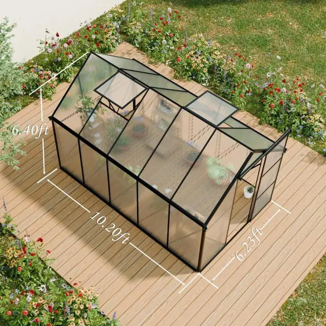 Alt view image 3 of 7 - Outdoor Patio Greenhouse with Sliding Door and Drainage Gutter System for Lawn, Backyard, Garden, Green House with Aluminum Frame and an Adjustable Roof for Growing Flowers, Plants (Black 6*10FT)