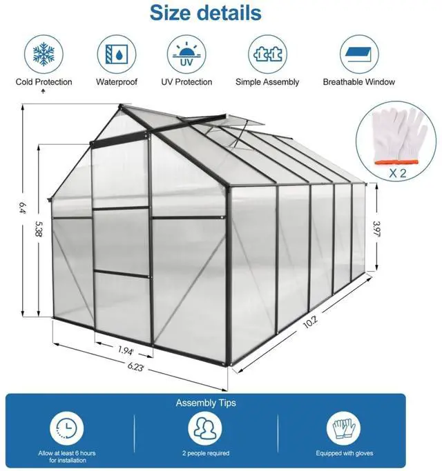 Alt view image 5 of 7 - Outdoor Patio Greenhouse with Sliding Door and Drainage Gutter System for Lawn, Backyard, Garden, Green House with Aluminum Frame and an Adjustable Roof for Growing Flowers, Plants (Black 6*10FT)