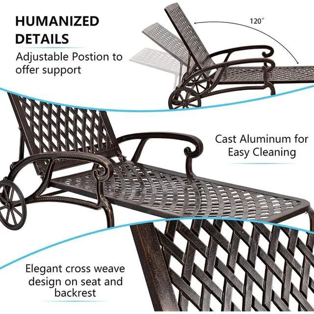 Alt view image 4 of 7 - Durable Cast Aluminum Patio Sunbed Lounge Chair w/Adjustable Backrest for Garden, All Weather Outdoor Chaise Lounge w/Sturdy Metal Frame & Wheels for Poolside, Porch, Deck (Bronze)