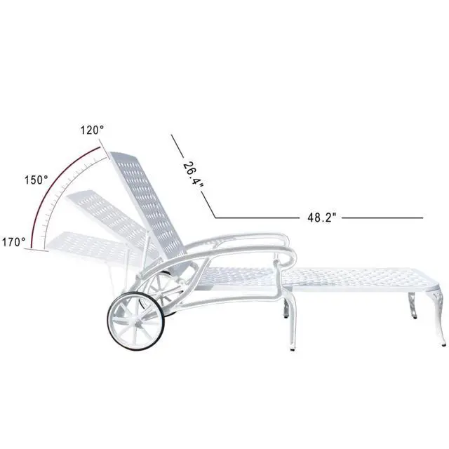 Alt view image 2 of 7 - Durable Cast Aluminum Patio Sunbed Lounge Chair w/Adjustable Backrest for Garden, All Weather Outdoor Chaise Lounge w/Sturdy Metal Frame & Wheels for Poolside, Porch, Deck (White)