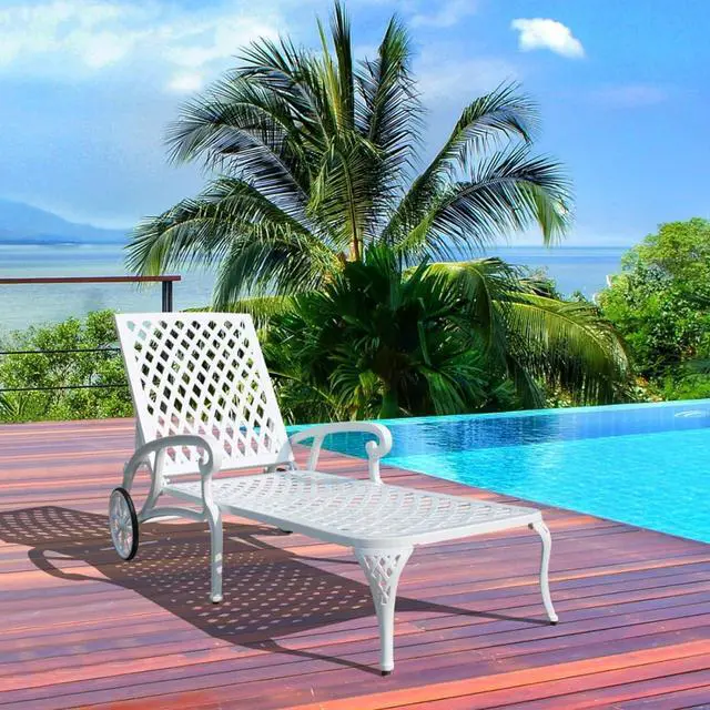 Main image of Durable Cast Aluminum Patio Sunbed Lounge Chair w/Adjustable Backrest for Garden, All Weather Outdoor Chaise Lounge w/Sturdy Metal Frame & Wheels for Poolside, Porch, Deck (White)