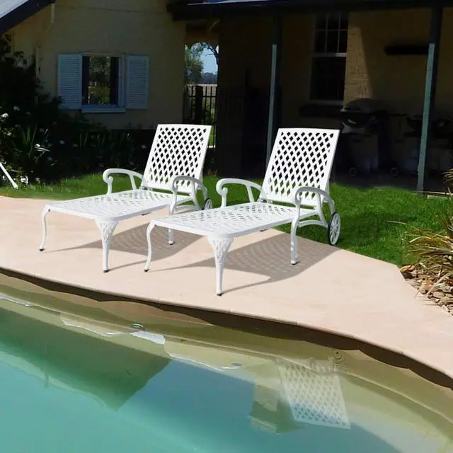 Alt view image 3 of 7 - Durable Cast Aluminum Patio Sunbed Lounge Chair w/Adjustable Backrest for Garden, All Weather Outdoor Chaise Lounge w/Sturdy Metal Frame & Wheels for Poolside, Porch, Deck (White)