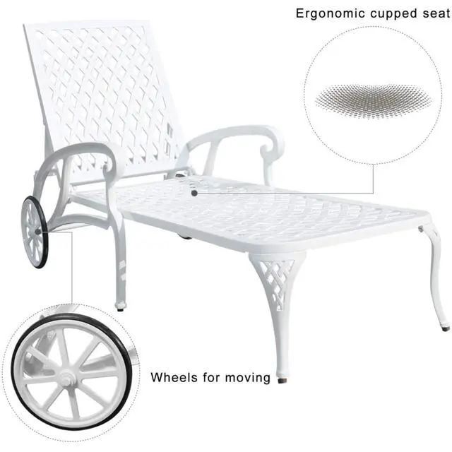 Alt view image 5 of 7 - Durable Cast Aluminum Patio Sunbed Lounge Chair w/Adjustable Backrest for Garden, All Weather Outdoor Chaise Lounge w/Sturdy Metal Frame & Wheels for Poolside, Porch, Deck (White)