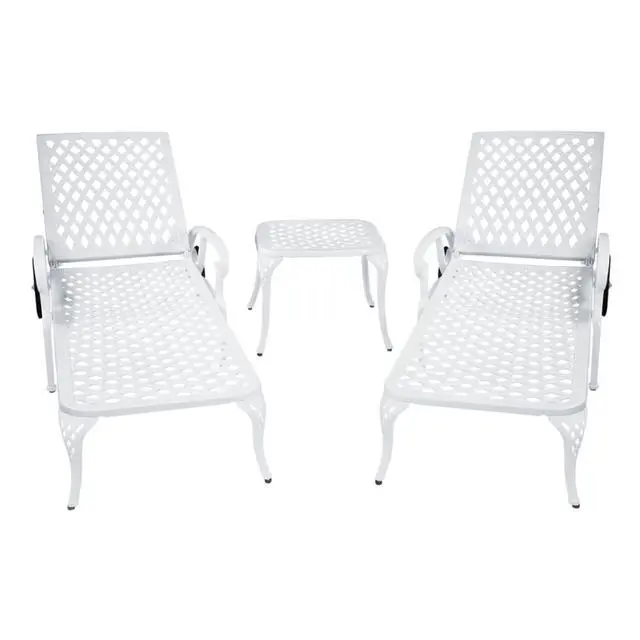 Alt view image 4 of 7 - Durable Cast Aluminum Patio Sunbed Lounge Chair w/Adjustable Backrest for Garden, All Weather Outdoor Chaise Lounge w/Sturdy Metal Frame & Wheels for Poolside, Porch, Deck (White)