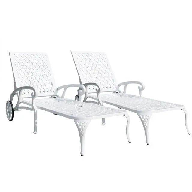Alt view image 6 of 7 - Durable Cast Aluminum Patio Sunbed Lounge Chair w/Adjustable Backrest for Garden, All Weather Outdoor Chaise Lounge w/Sturdy Metal Frame & Wheels for Poolside, Porch, Deck (White)