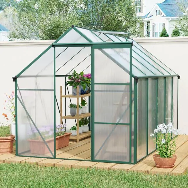 Main image of Outdoor Patio Greenhouse with Sliding Door and Drainage Gutter System for Lawn, Backyard, Garden, Green House with Aluminum Frame and an Adjustable Roof for Growing Flowers, Plants (Green 6*10FT)