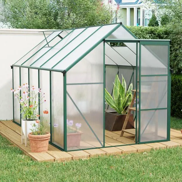 Alt view image 2 of 7 - Outdoor Patio Greenhouse with Sliding Door and Drainage Gutter System for Lawn, Backyard, Garden, Green House with Aluminum Frame and an Adjustable Roof for Growing Flowers, Plants (Green 6*10FT)