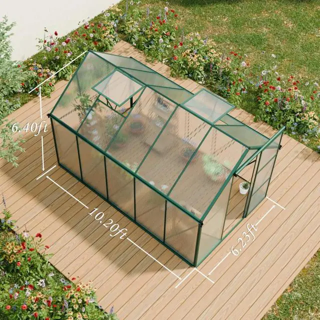 Alt view image 4 of 7 - Outdoor Patio Greenhouse with Sliding Door and Drainage Gutter System for Lawn, Backyard, Garden, Green House with Aluminum Frame and an Adjustable Roof for Growing Flowers, Plants (Green 6*10FT)