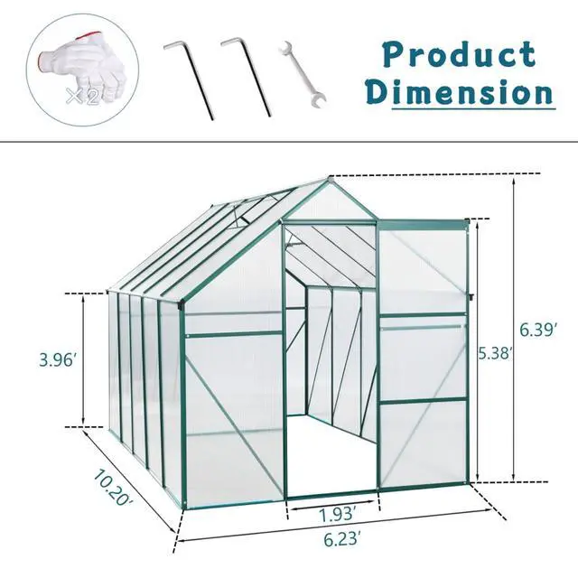 Alt view image 6 of 7 - Outdoor Patio Greenhouse with Sliding Door and Drainage Gutter System for Lawn, Backyard, Garden, Green House with Aluminum Frame and an Adjustable Roof for Growing Flowers, Plants (Green 6*10FT)