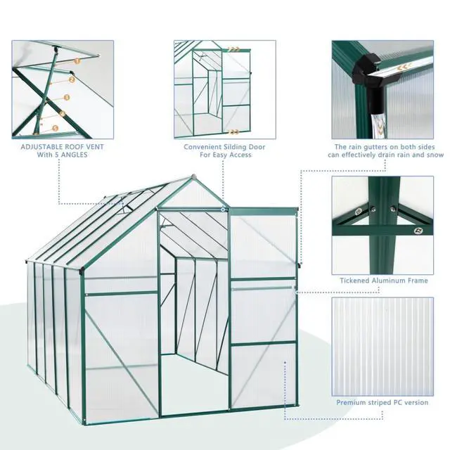 Alt view image 7 of 7 - Outdoor Patio Greenhouse with Sliding Door and Drainage Gutter System for Lawn, Backyard, Garden, Green House with Aluminum Frame and an Adjustable Roof for Growing Flowers, Plants (Green 6*10FT)