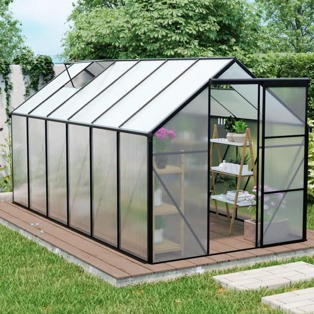 Main image of Outdoor Patio Greenhouse with Sliding Door and Drainage Gutter System for Lawn, Backyard, Garden, Green House with Aluminum Frame and an Adjustable Roof for Growing Flowers, Plants (Black 6*12FT)