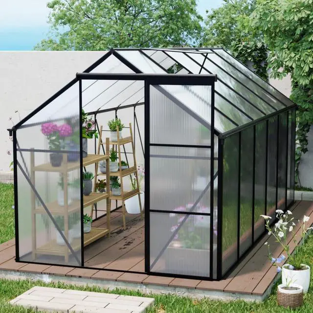 Alt view image 2 of 7 - Outdoor Patio Greenhouse with Sliding Door and Drainage Gutter System for Lawn, Backyard, Garden, Green House with Aluminum Frame and an Adjustable Roof for Growing Flowers, Plants (Black 6*12FT)