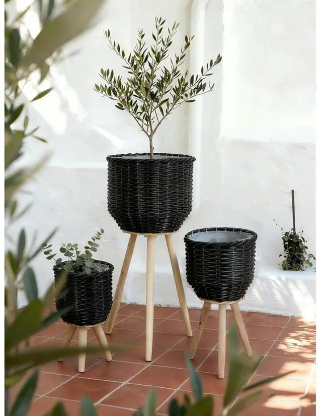 Main image of Planter Set with Wooden Legs and Rope Texture for Backyard, Living Room, Lawn, Outdoor Flower Pot Set with Classic Design for Growing Flowers, Herbs, Plants (Black + Wood+Rattan+Plastic)