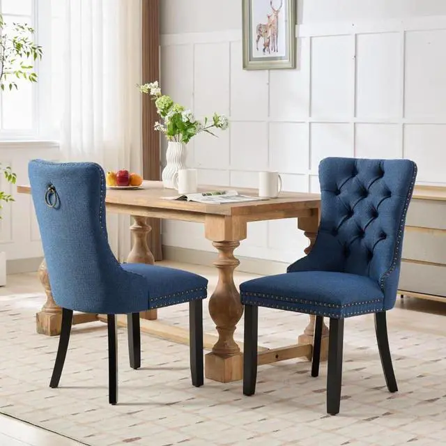 Main image of Dining Chairs Set of 2,Comfortable Upholstered Kitchen Chairs Button Tufted Dinner Chair w/High Backrest &Solid Wood Legs for Dining Room,Armless Leisure Chair w/Padded Seat for Living Room (Blue)