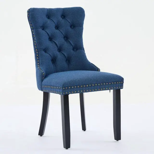 Alt view image 4 of 7 - Dining Chairs Set of 2,Comfortable Upholstered Kitchen Chairs Button Tufted Dinner Chair w/High Backrest &Solid Wood Legs for Dining Room,Armless Leisure Chair w/Padded Seat for Living Room (Blue)