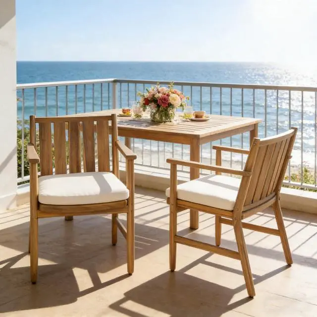 Main image of Premium Acacia Wood Patio Dining Chairs w/Removable Cushions for Balcony, Modern Outdoor Seating Armchairs w/Solid Wood Frame & Slatted Design for Porch, Deck, Backyard, Set of 2