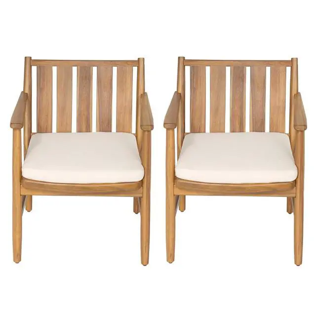 Alt view image 3 of 7 - Premium Acacia Wood Patio Dining Chairs w/Removable Cushions for Balcony, Modern Outdoor Seating Armchairs w/Solid Wood Frame & Slatted Design for Porch, Deck, Backyard, Set of 2