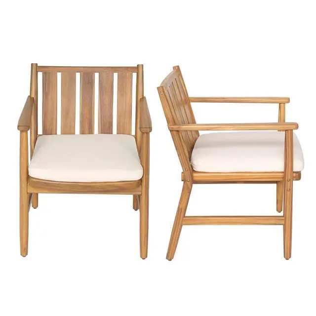 Alt view image 5 of 7 - Premium Acacia Wood Patio Dining Chairs w/Removable Cushions for Balcony, Modern Outdoor Seating Armchairs w/Solid Wood Frame & Slatted Design for Porch, Deck, Backyard, Set of 2