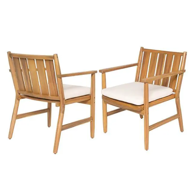 Alt view image 6 of 7 - Premium Acacia Wood Patio Dining Chairs w/Removable Cushions for Balcony, Modern Outdoor Seating Armchairs w/Solid Wood Frame & Slatted Design for Porch, Deck, Backyard, Set of 2