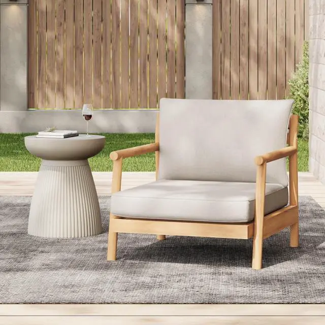 Main image of Ergonomic Solid Wood Outdoor Accent Armchair w/Plush Beige Cushions for Garden, All Weather Acacia Wood Patio Club Chair w/Slatted Frame for Backyard, Deck, Porch