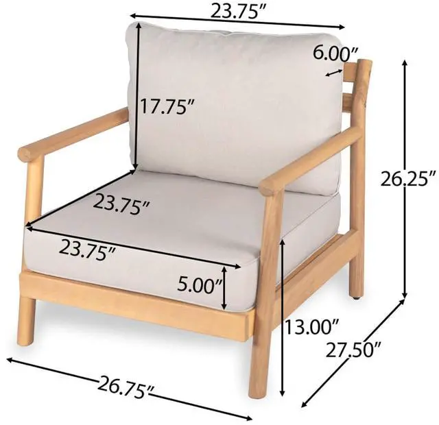 Alt view image 2 of 7 - Ergonomic Solid Wood Outdoor Accent Armchair w/Plush Beige Cushions for Garden, All Weather Acacia Wood Patio Club Chair w/Slatted Frame for Backyard, Deck, Porch