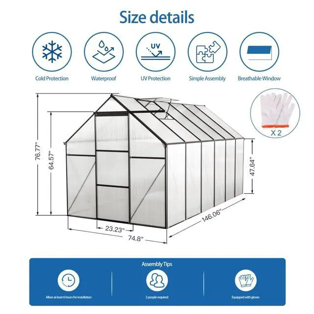 Alt view image 5 of 7 - Outdoor Patio Greenhouse with Sliding Door and Drainage Gutter System for Lawn, Backyard, Garden, Green House with Aluminum Frame and an Adjustable Roof for Growing Flowers, Plants (Black 6*12FT)