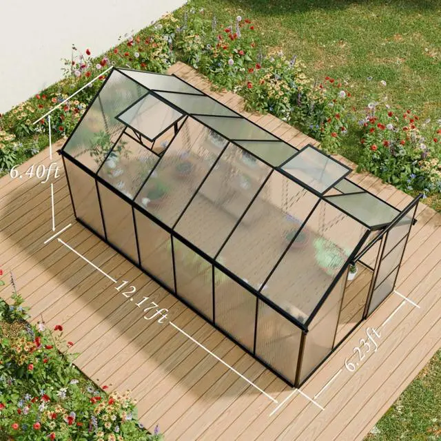 Alt view image 4 of 7 - Outdoor Patio Greenhouse with Sliding Door and Drainage Gutter System for Lawn, Backyard, Garden, Green House with Aluminum Frame and an Adjustable Roof for Growing Flowers, Plants (Black 6*12FT)