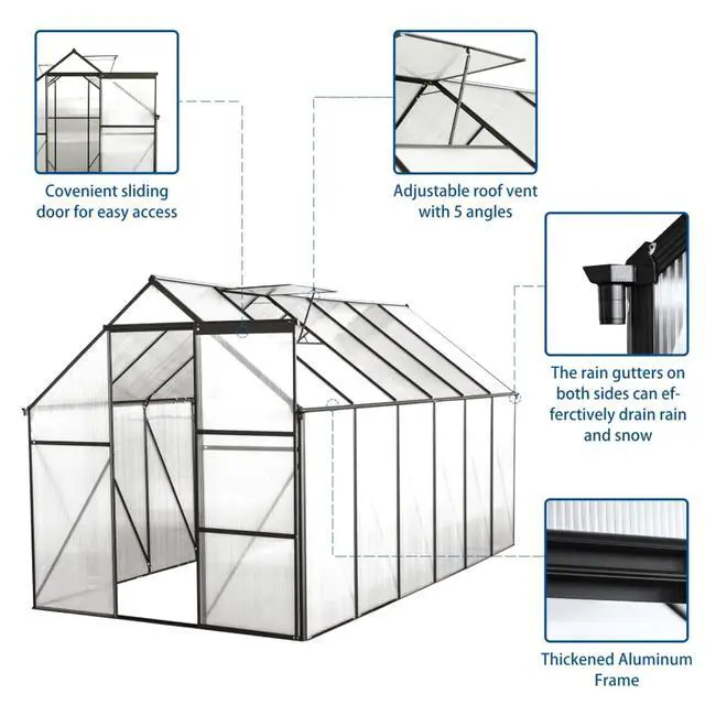 Alt view image 6 of 7 - Outdoor Patio Greenhouse with Sliding Door and Drainage Gutter System for Lawn, Backyard, Garden, Green House with Aluminum Frame and an Adjustable Roof for Growing Flowers, Plants (Black 6*12FT)