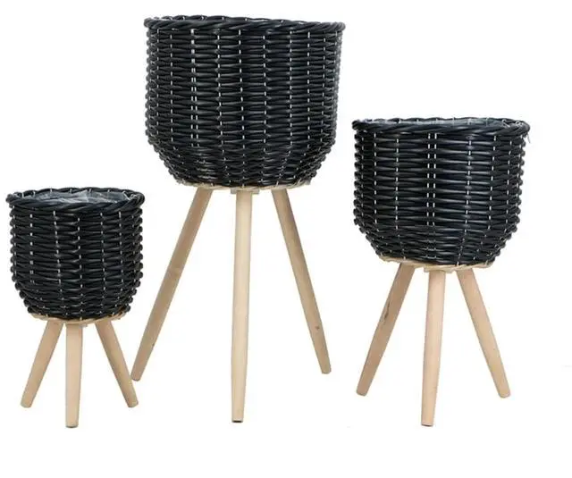 Alt view image 2 of 7 - Planter Set with Wooden Legs and Rope Texture for Backyard, Living Room, Lawn, Outdoor Flower Pot Set with Classic Design for Growing Flowers, Herbs, Plants (Black + Wood+Rattan+Plastic)
