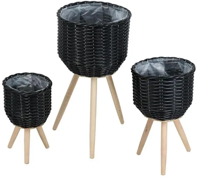 Alt view image 3 of 7 - Planter Set with Wooden Legs and Rope Texture for Backyard, Living Room, Lawn, Outdoor Flower Pot Set with Classic Design for Growing Flowers, Herbs, Plants (Black + Wood+Rattan+Plastic)