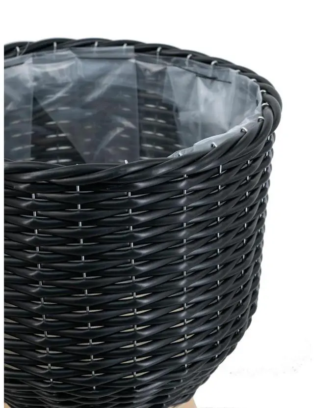 Alt view image 4 of 7 - Planter Set with Wooden Legs and Rope Texture for Backyard, Living Room, Lawn, Outdoor Flower Pot Set with Classic Design for Growing Flowers, Herbs, Plants (Black + Wood+Rattan+Plastic)