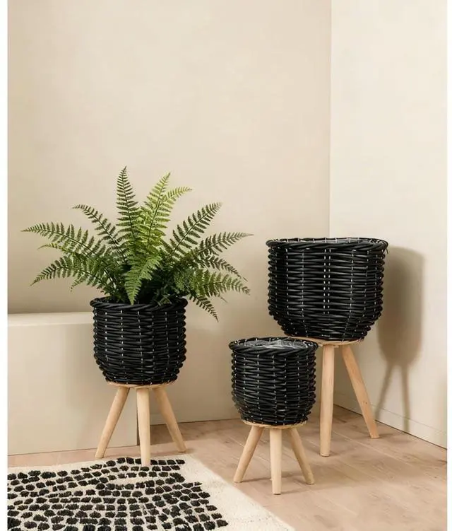 Alt view image 5 of 7 - Planter Set with Wooden Legs and Rope Texture for Backyard, Living Room, Lawn, Outdoor Flower Pot Set with Classic Design for Growing Flowers, Herbs, Plants (Black + Wood+Rattan+Plastic)