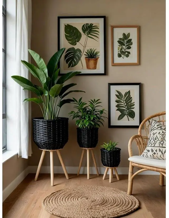 Alt view image 6 of 7 - Planter Set with Wooden Legs and Rope Texture for Backyard, Living Room, Lawn, Outdoor Flower Pot Set with Classic Design for Growing Flowers, Herbs, Plants (Black + Wood+Rattan+Plastic)