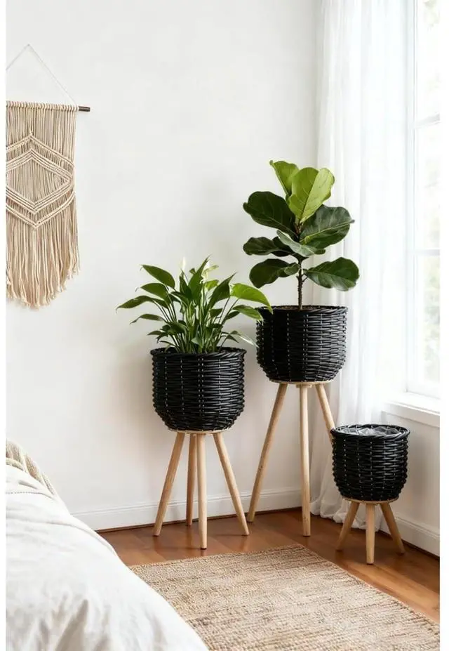 Alt view image 7 of 7 - Planter Set with Wooden Legs and Rope Texture for Backyard, Living Room, Lawn, Outdoor Flower Pot Set with Classic Design for Growing Flowers, Herbs, Plants (Black + Wood+Rattan+Plastic)