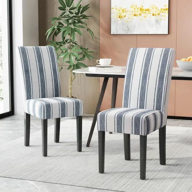 Alt view image 3 of 7 - Modern Pastoral Style Fabric Dining Chair, Stable Rubber Wooden Chair Legs, Stylish and Elegant Chair, Presenting Natural Textures, Suitable for Dining Rooms,Set of 2 (Blue Stripe + Set of 2)