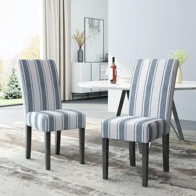 Alt view image 5 of 7 - Modern Pastoral Style Fabric Dining Chair, Stable Rubber Wooden Chair Legs, Stylish and Elegant Chair, Presenting Natural Textures, Suitable for Dining Rooms,Set of 2 (Blue Stripe + Set of 2)
