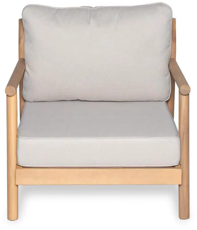 Alt view image 3 of 7 - Ergonomic Solid Wood Outdoor Accent Armchair w/Plush Beige Cushions for Garden, All Weather Acacia Wood Patio Club Chair w/Slatted Frame for Backyard, Deck, Porch