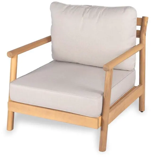 Alt view image 4 of 7 - Ergonomic Solid Wood Outdoor Accent Armchair w/Plush Beige Cushions for Garden, All Weather Acacia Wood Patio Club Chair w/Slatted Frame for Backyard, Deck, Porch