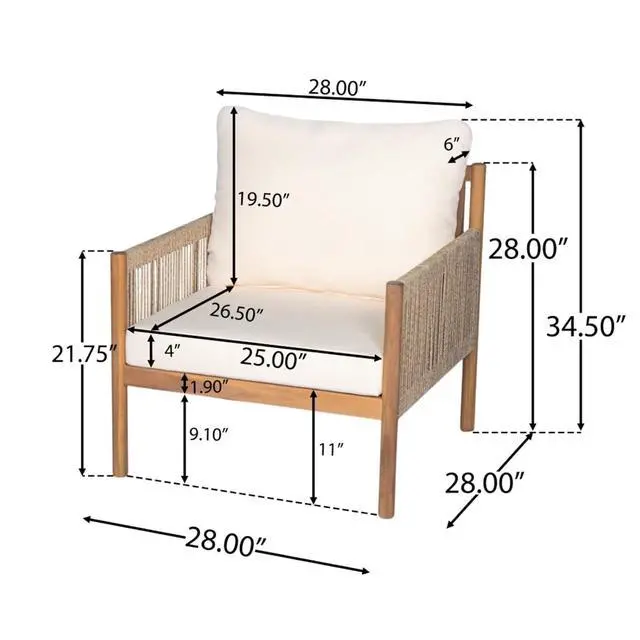 Alt view image 2 of 7 - Modern Natural Wooden Patio Dining Armchair w/Removable Beige Cushions for Garden, Solid Wood Outdoor Accent Chair w/Woven Rope Backrest & Armrests for Porch, Balcony, Deck (Natural)