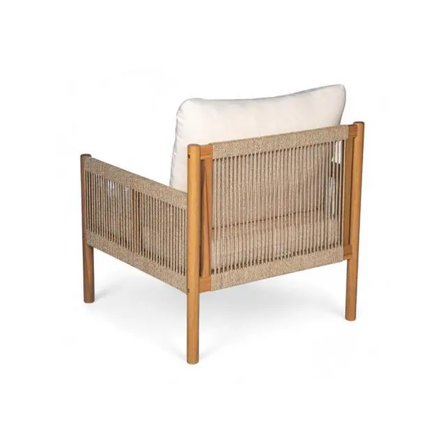 Alt view image 4 of 7 - Modern Natural Wooden Patio Dining Armchair w/Removable Beige Cushions for Garden, Solid Wood Outdoor Accent Chair w/Woven Rope Backrest & Armrests for Porch, Balcony, Deck (Natural)