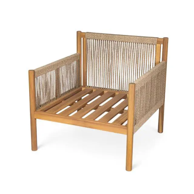 Alt view image 5 of 7 - Modern Natural Wooden Patio Dining Armchair w/Removable Beige Cushions for Garden, Solid Wood Outdoor Accent Chair w/Woven Rope Backrest & Armrests for Porch, Balcony, Deck (Natural)