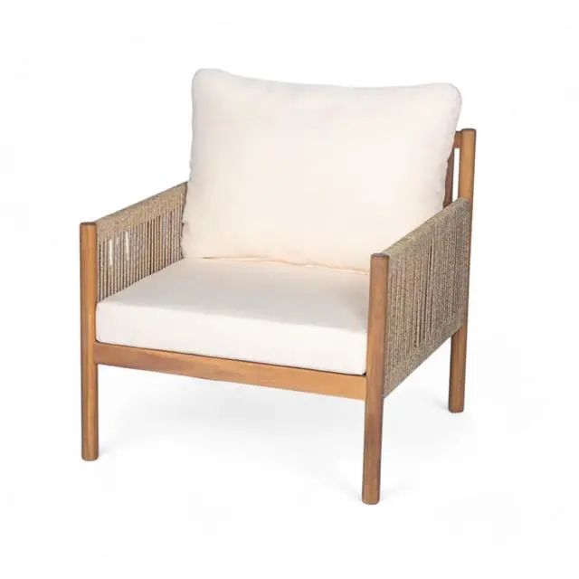 Alt view image 3 of 7 - Modern Natural Wooden Patio Dining Armchair w/Removable Beige Cushions for Garden, Solid Wood Outdoor Accent Chair w/Woven Rope Backrest & Armrests for Porch, Balcony, Deck (Natural)